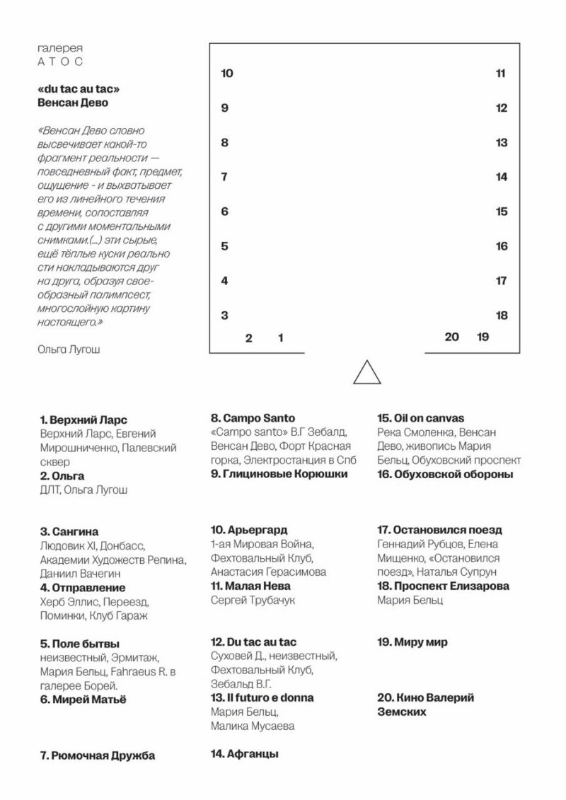 Венсан Дево. Выставка фотографий «du tac au tac» в галерее «Атос». Лист с названиями работ. 10.12.2022 - 31.01.2023. СПбФК