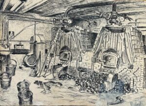 Сергей Монтелли. 
Угольная котельная 
Б., перо, чернила 
30х42 
Нач.80-х
Собственность Владимира Стецюка
