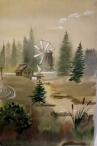 Две мельницы в парке-музее: ветряная «голландская», водяная «русская».
19…(?); бумага, акварель, белила, кисть. 29х18,5
