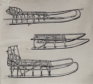 Транспортные средства чукчей - ездовые, семейные и грузовые нарты.
2001; бумага, тушь, перо. 8х9,5
