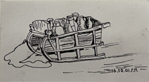 Русские. Сани для ручной перевозки.
2001; бумага, тушь, перо. 4,5х8,5
