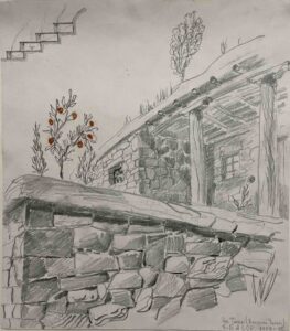 Дом дедушки Ибрагимова. Эль Тюбю (Верхний Чегем). Балкарцы. Кабардино-Балкарская АССР.
19..(?); бумага, карандаш. 45х40
