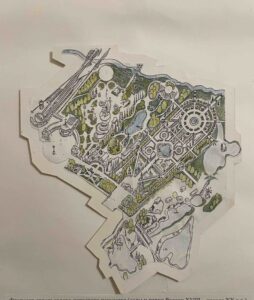  Фрагмент отдела садово-паркового искусства (сады и парки России XVIII - начала XX в.в.) отдела истории сельского хозяйства в парке-музее «Человек и Среда» (военная перспектива). 1980; бумага, тушь, перо. 20х18
