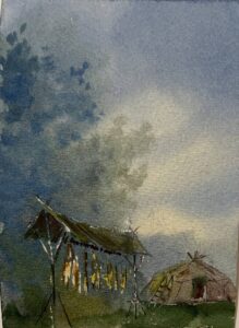 Камчатка. Чукотка. Яранга и навес для сушки юколы.
2002; бумага, акварель. 14х10
