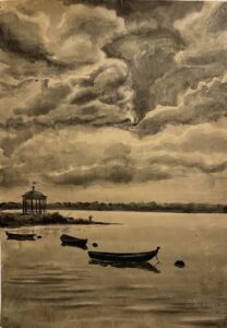 Беседка на невском плёсе. Биосферный полигон с эталонными участками (южная часть комплекса). 1957-1958; тонированная бумага, чай, китайская тушь, кисть. 42,5х30,5
