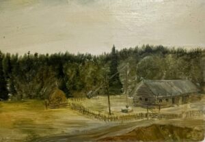На опушке леса у оврага. Латгальцы, русские. Огороженный сог сена, колодец с журавлём, жилой дом с хлевом, крытый гонтом с «курицами» и охлупнем. Между Псковом и Лудзой.
1982; картон, масло. 24х35
