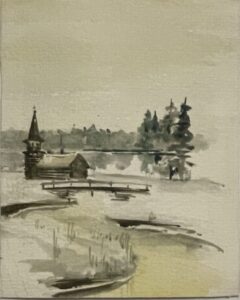 Русская часовня. Ложно-арочный консольный деревянный мост.
1990; бумага, акварель. 12х10
