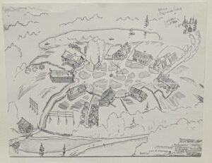 Вепсария. Восточная часть Ленинградской области. Деревня Подовинники - последний достоверно известный образец подсечного земледелия (1824 г.) в Европе (обнаружен Г.В. Пионтеком, 1959 г.). Архаический тип круглого поселения - пример устойчивого этногеобиоценоза, практически самодостаточного (экологически, экономически, энергетически и нравственно). Экспозиционный вариант размещения построек финских народов Ленинградской области: вепсы, воть, ижора, карелы, финны (савакотт и эвремейсет)
1980; бумага, тушь, перо. 20,5х26,5
