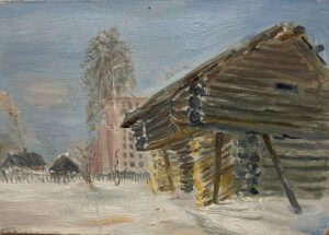 Город наступает. Удомля. Амбар и поленницы. Тверские карелы
1980, картон, масло. 10,5х15
